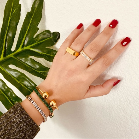 18K Iced Yellow Gold Diamond CZ Baguette Cut Open Ring Design - Picture 6 of 14